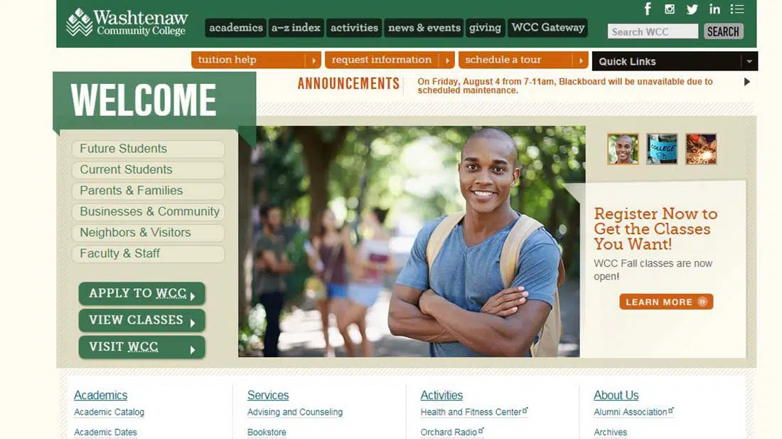 Welcome to Washtenaw Community College websites with earthy tones