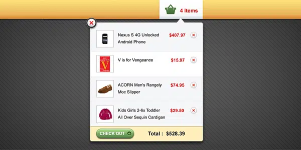 Shopping cart popup interface