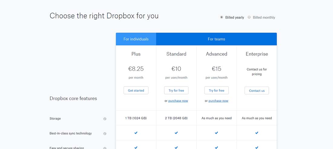 Dropbox Pricing Tables