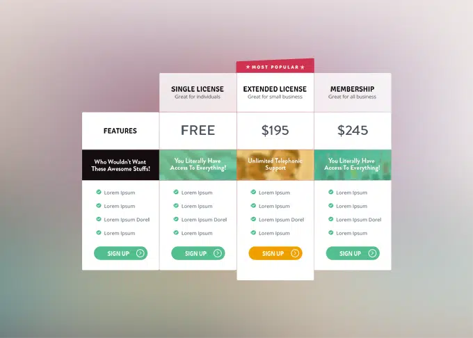 Fancy Pricing Tables Free PSD