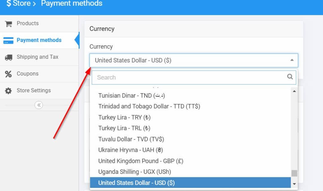 Multiple currencies to choose from