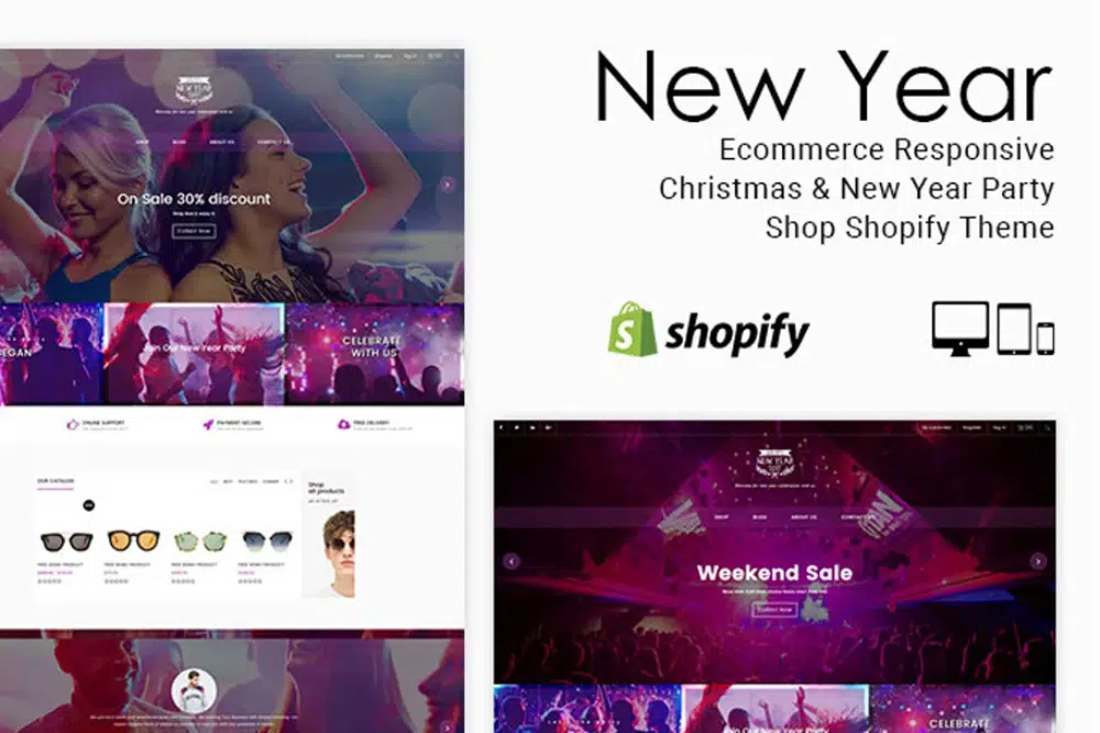 Creative New Year Landing Page Themes: New Year Party Shop Website Theme