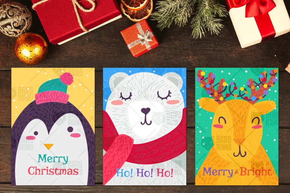 Creative Postcard Templates for the Holiday Season: Christmas Greeting Cards With Animals Set