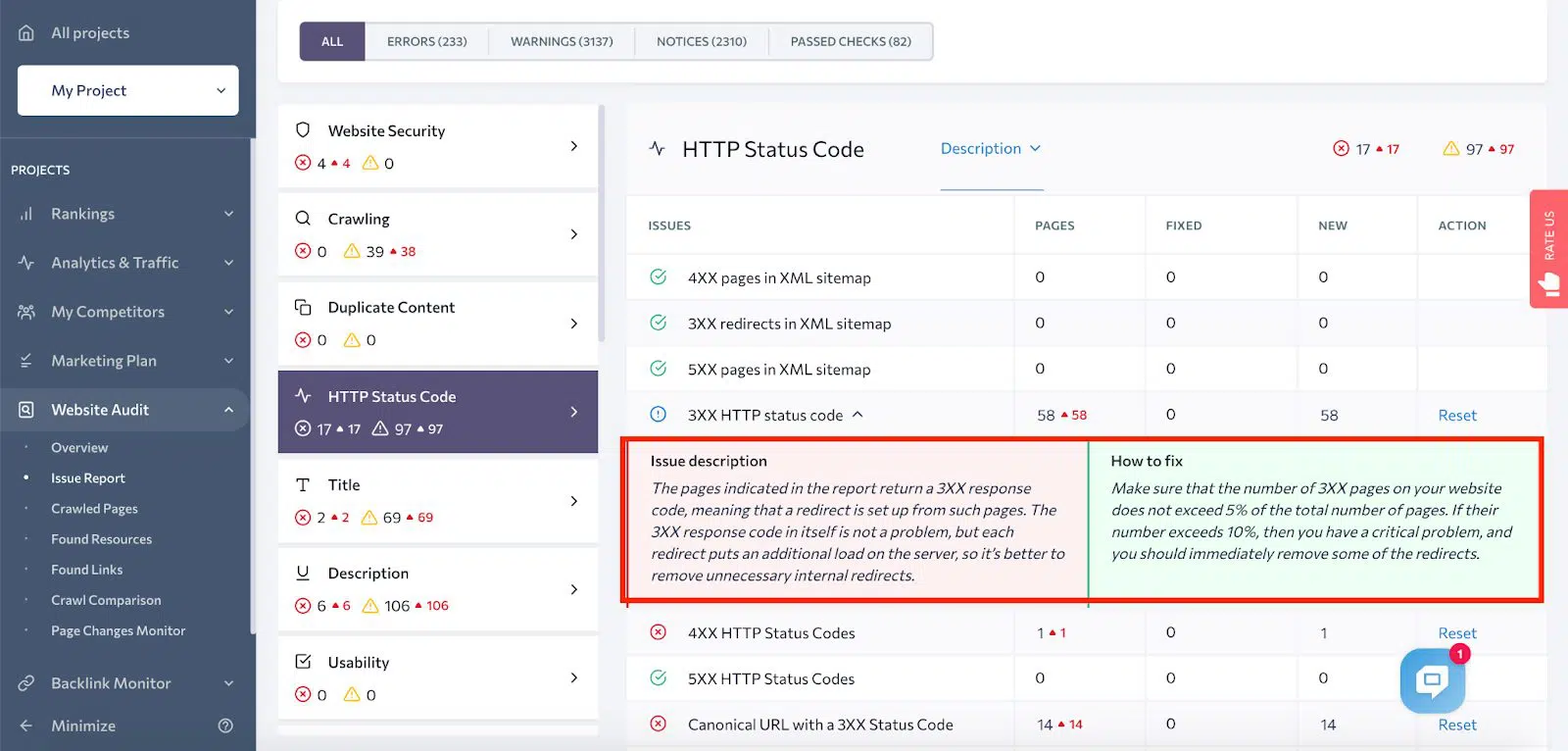Using SE Ranking to Conduct A Website Audit: Dashboard Image of HTTPS Status Code