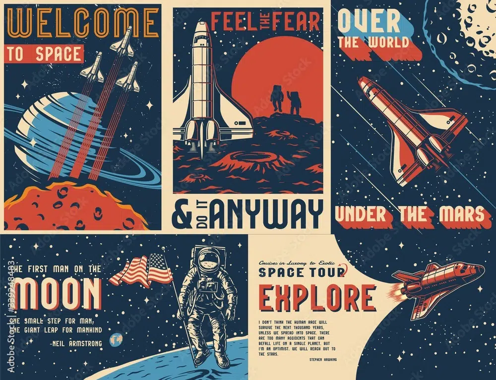 20 Free Retro & Vintage Vectors: Multicolored Vintage Posters with Space Theme