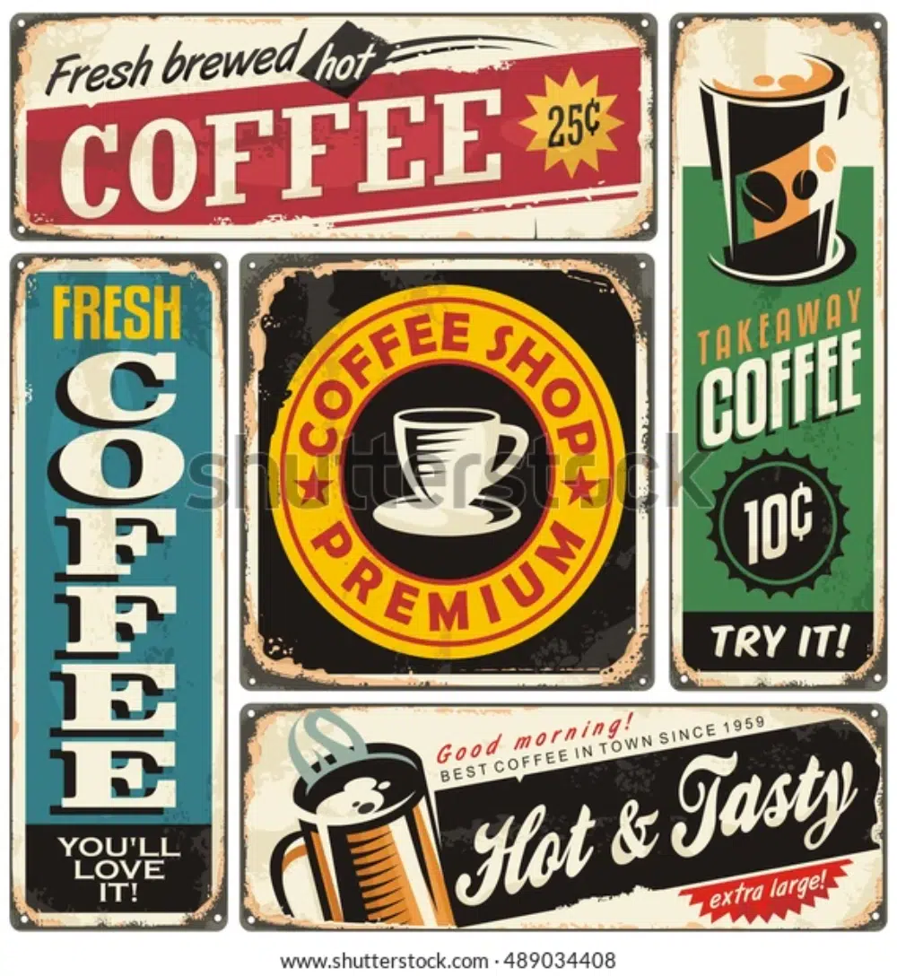 20 Free Retro & Vintage Vectors: Retro Coffee Shop Of Metal Signs, Vector Collection