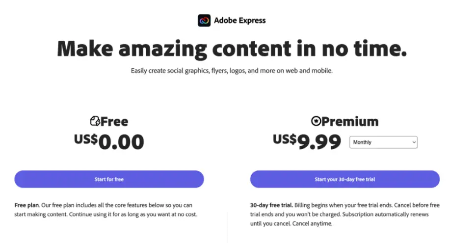 Adobe Express pricing and plans
